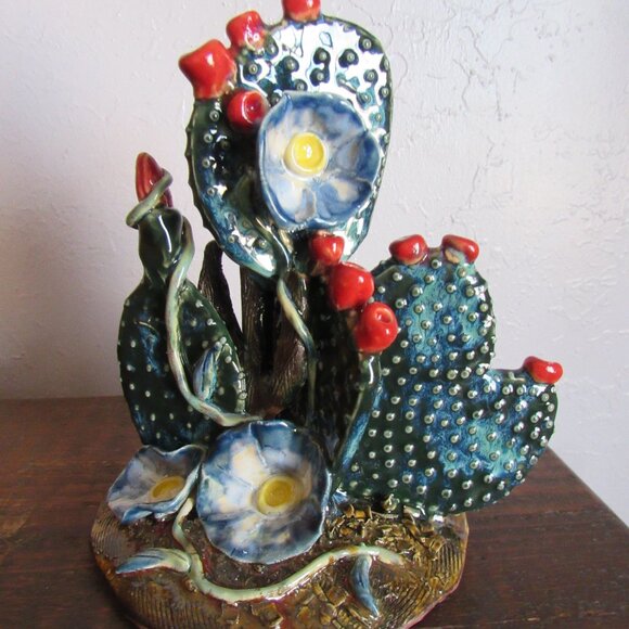 Handmade Green and Red Prickly Pear Cactus and Morning Glory Sculpture